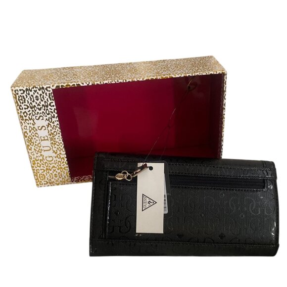 New Guess Black Logo Embossed Floral Wallet With ID Window Credit Card Slots - Picture 5 of 10